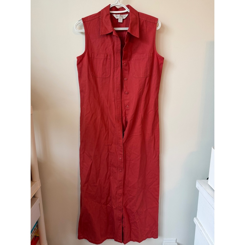 Casual Corner Annex Red Sleeveless Maxi Dress Button Down Utility Twill Size 4
